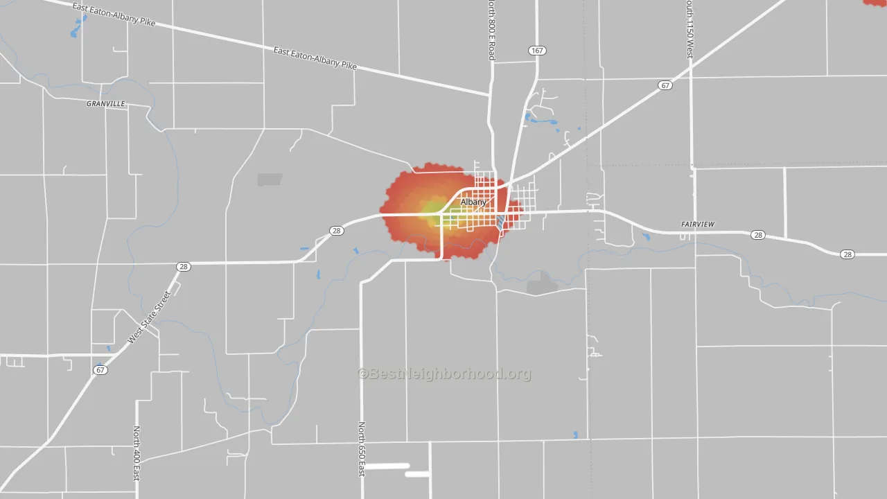 Walk Grade map of Albany, IN, walkable areas in green and car-dependent areas in red