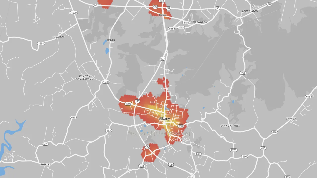 Walk Grade map of Albany, KY, walkable areas in green and car-dependent areas in red