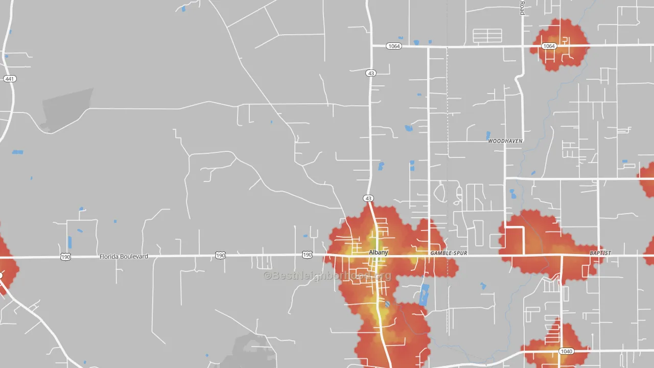 Walk Grade map of Albany, LA, walkable areas in green and car-dependent areas in red