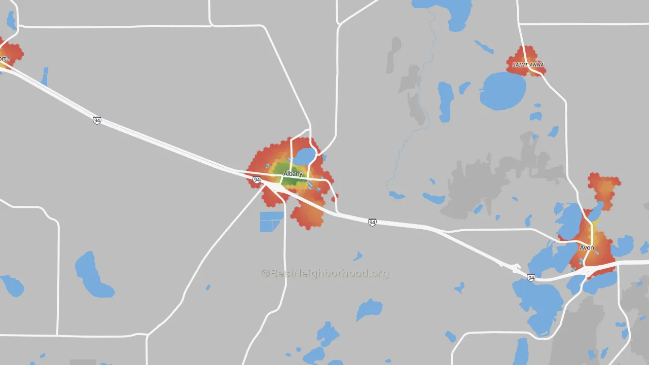 Walk Grade map of Albany, MN, walkable areas in green and car-dependent areas in red