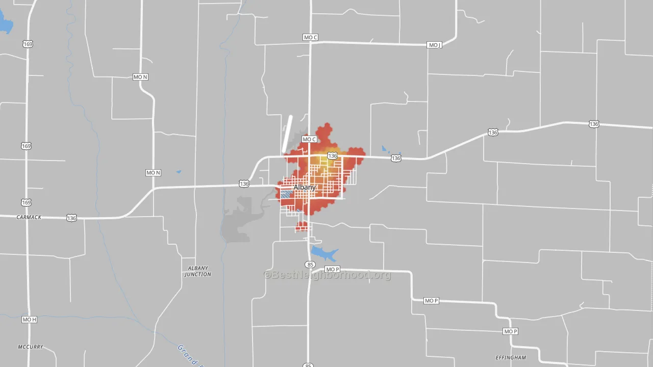 Walk Grade map of Albany, MO, walkable areas in green and car-dependent areas in red