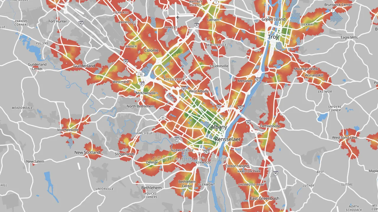 Walk Grade map of Albany, NY, walkable areas in green and car-dependent areas in red