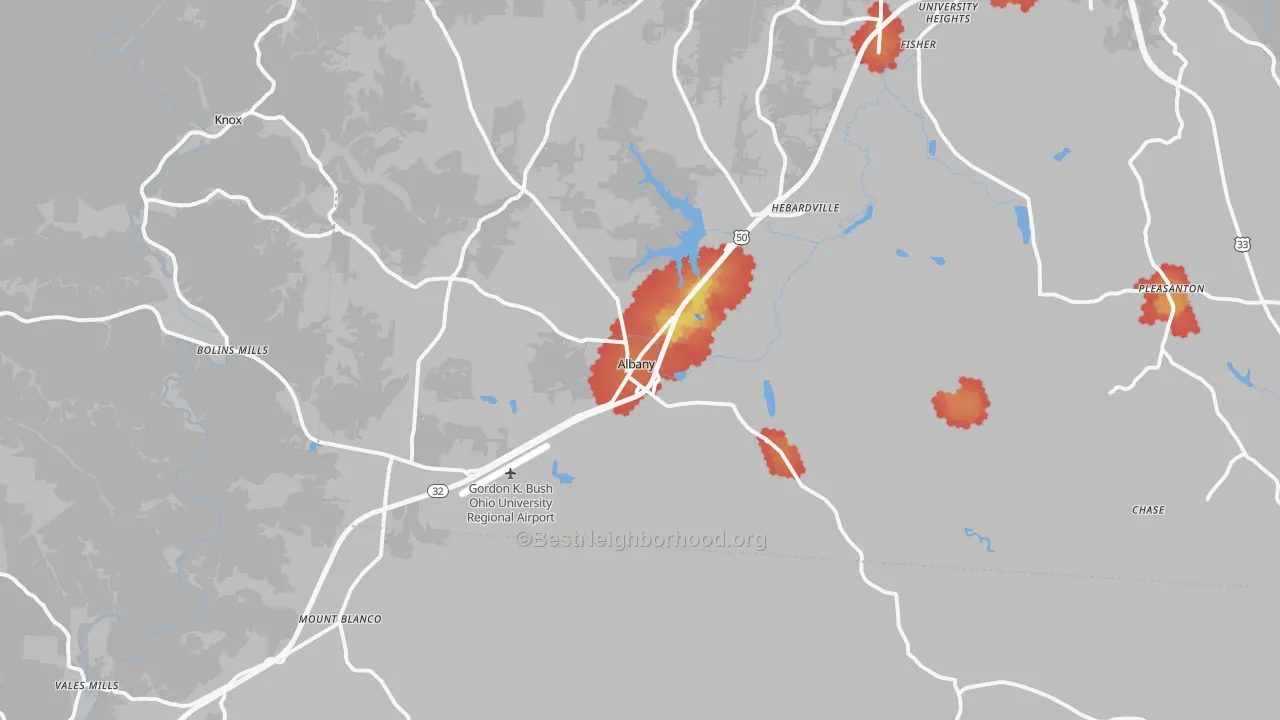 Walk Grade map of Albany, OH, walkable areas in green and car-dependent areas in red
