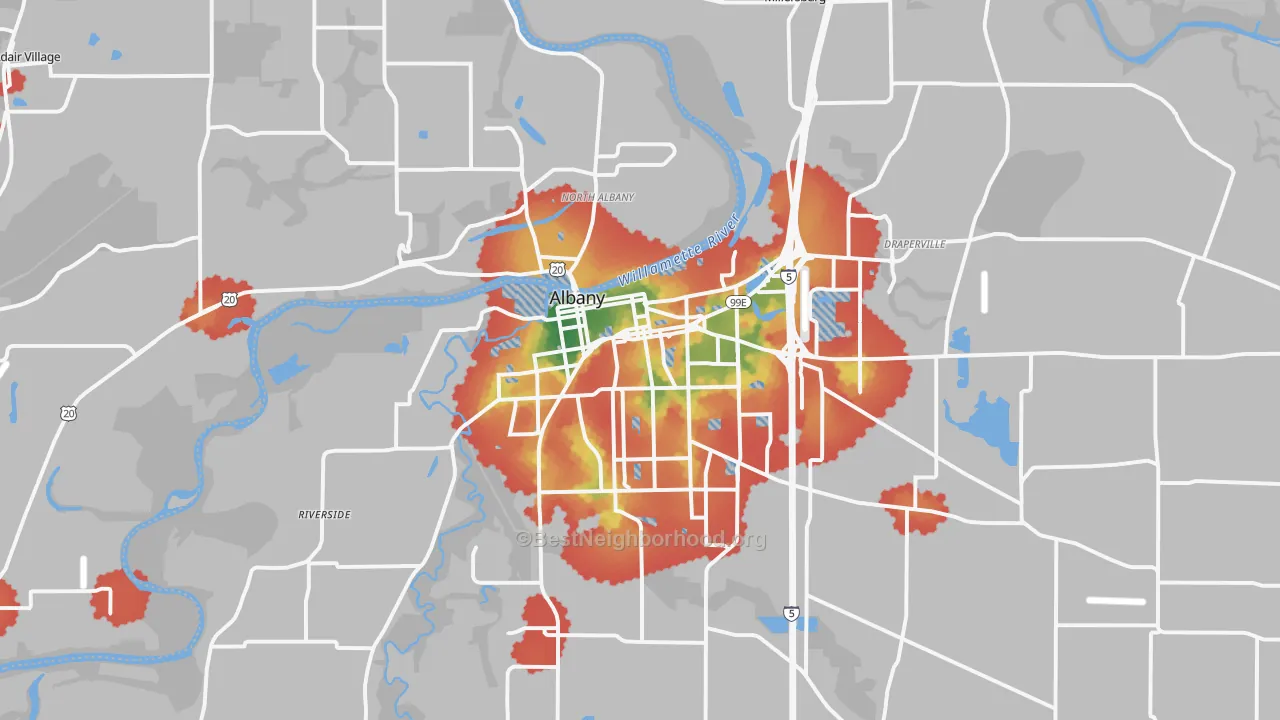 Walk Grade map of Albany, OR, walkable areas in green and car-dependent areas in red