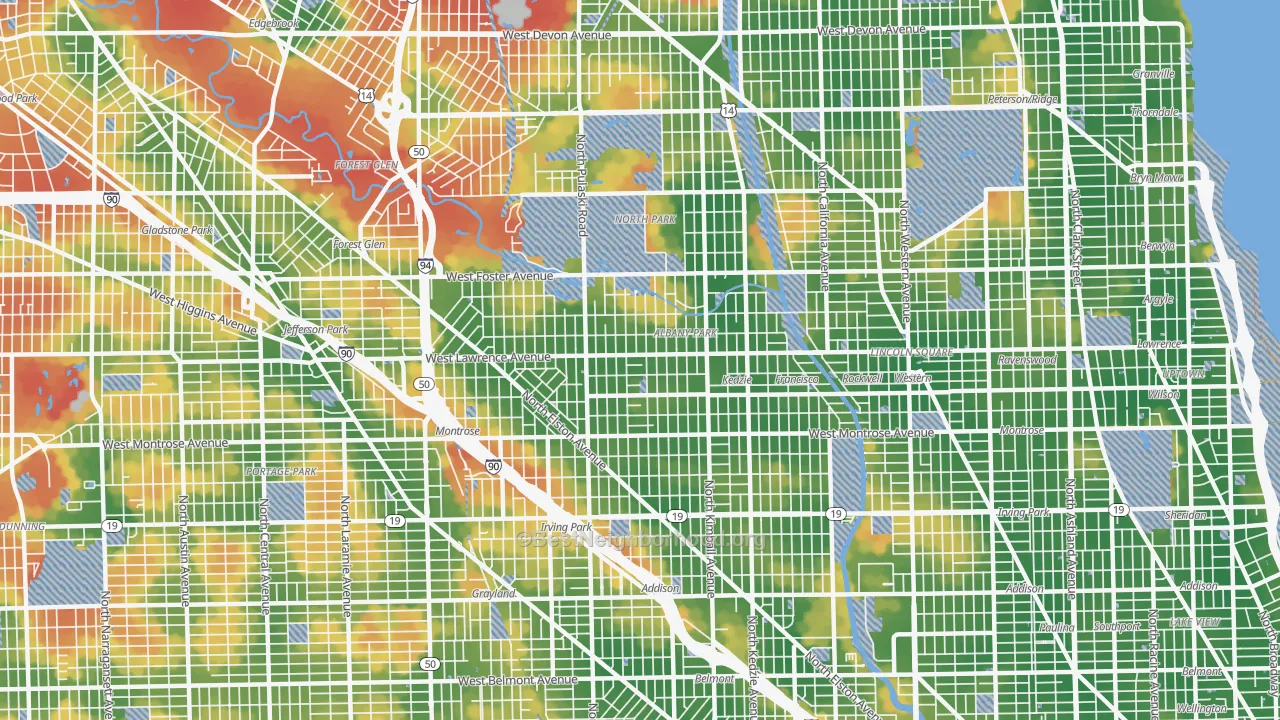 Walk Grade map of Albany Park, Chicago, IL, walkable areas in green and car-dependent areas in red