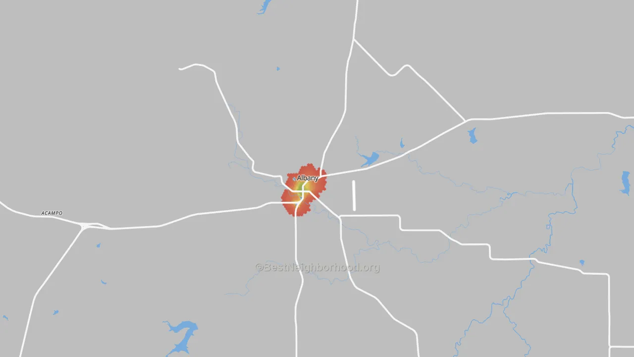 Walk Grade map of Albany, TX, walkable areas in green and car-dependent areas in red