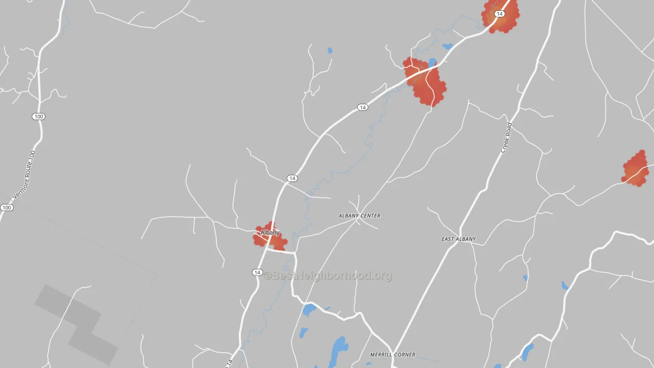 Walk Grade map of Albany, VT, walkable areas in green and car-dependent areas in red