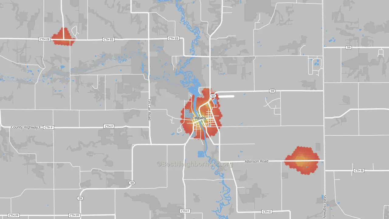 Walk Grade map of Albany, WI, walkable areas in green and car-dependent areas in red