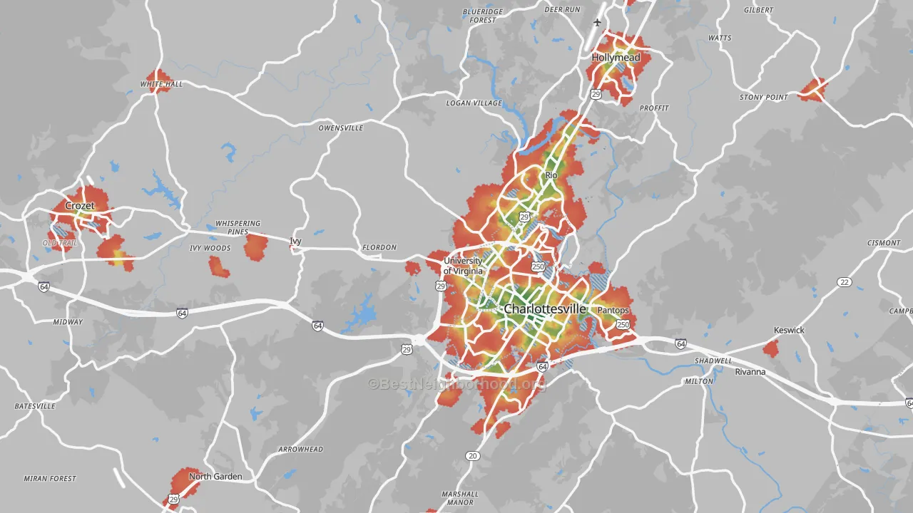 Walk Grade map of Albemarle County, VA, walkable areas in green and car-dependent areas in red
