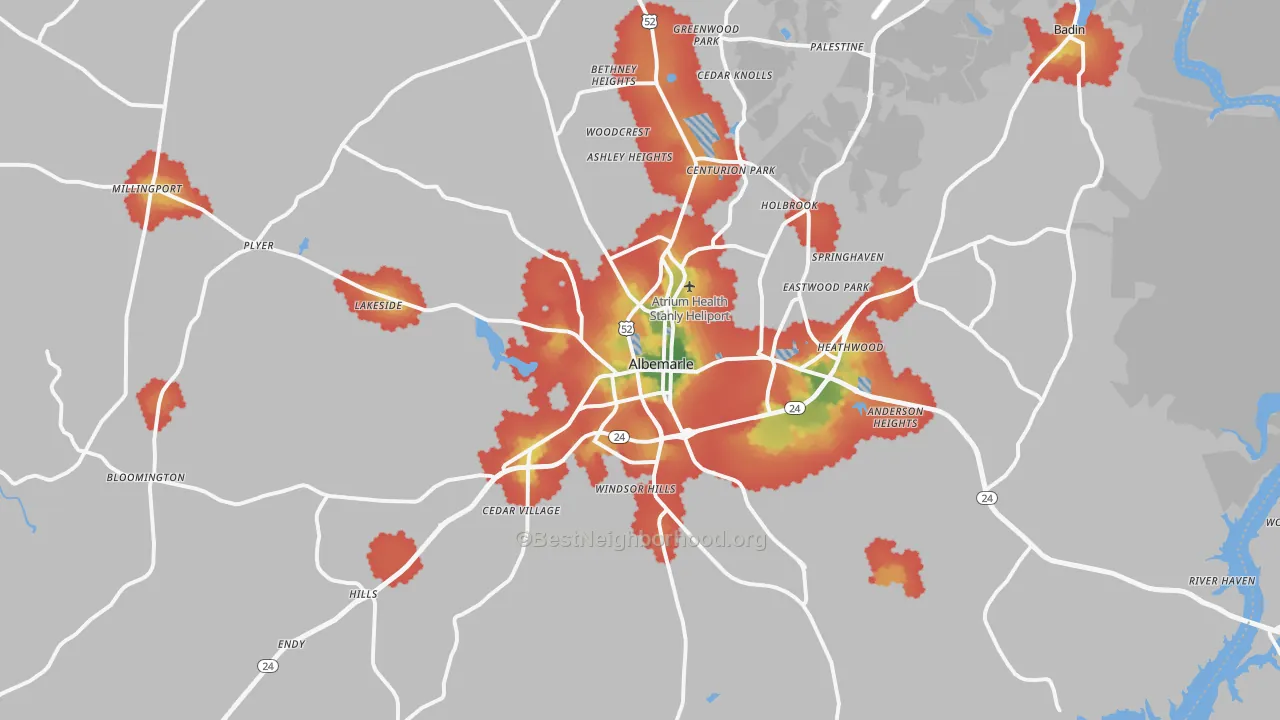 Walk Grade map of Albemarle, NC, walkable areas in green and car-dependent areas in red