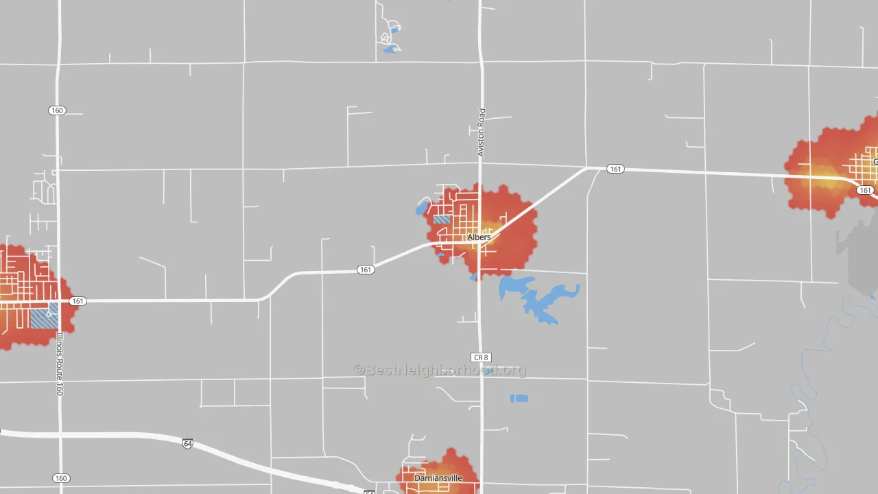 Walk Grade map of Albers, IL, walkable areas in green and car-dependent areas in red