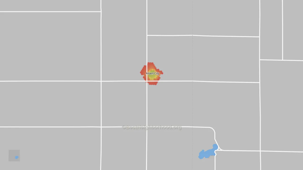 Walk Grade map of Albert City, IA, walkable areas in green and car-dependent areas in red