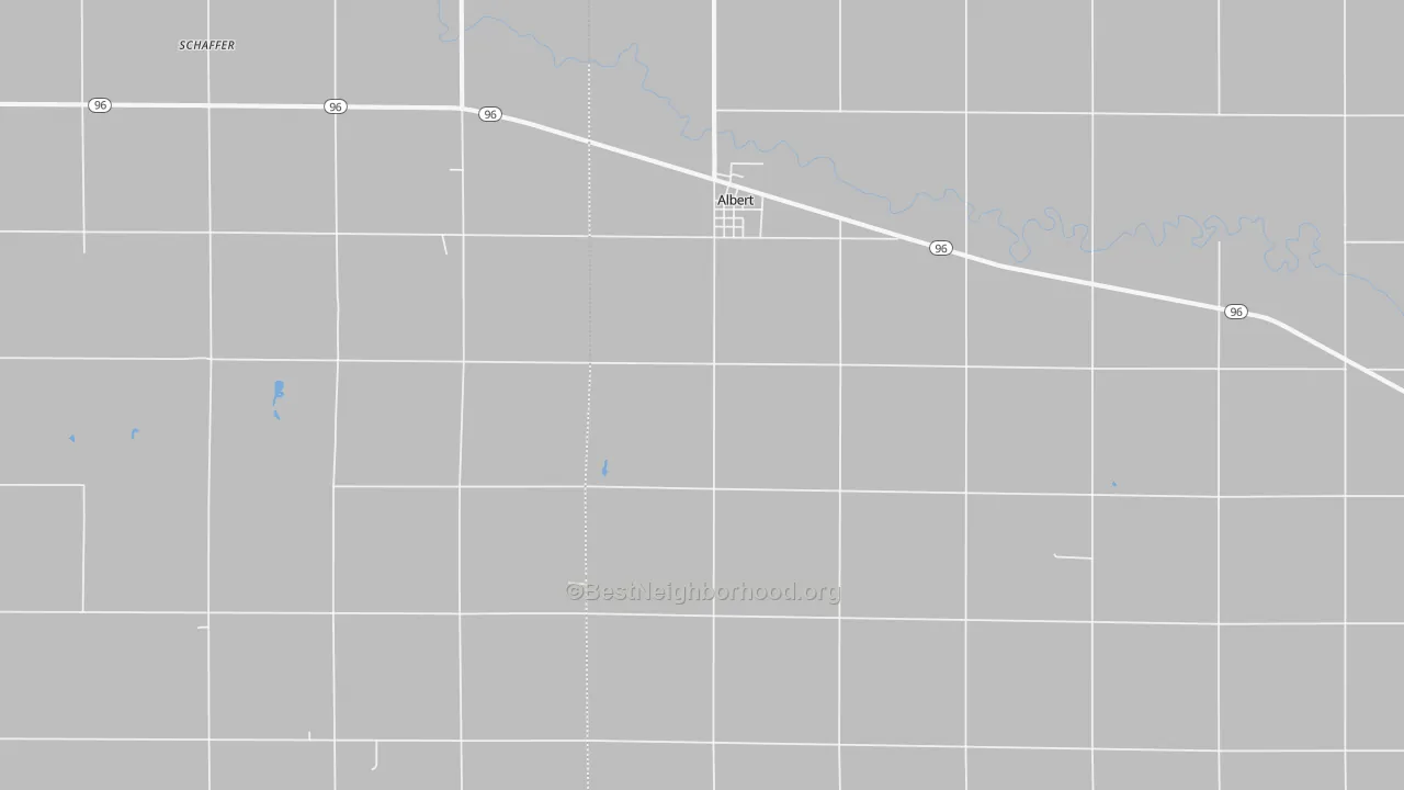 Walk Grade map of Albert, KS, walkable areas in green and car-dependent areas in red