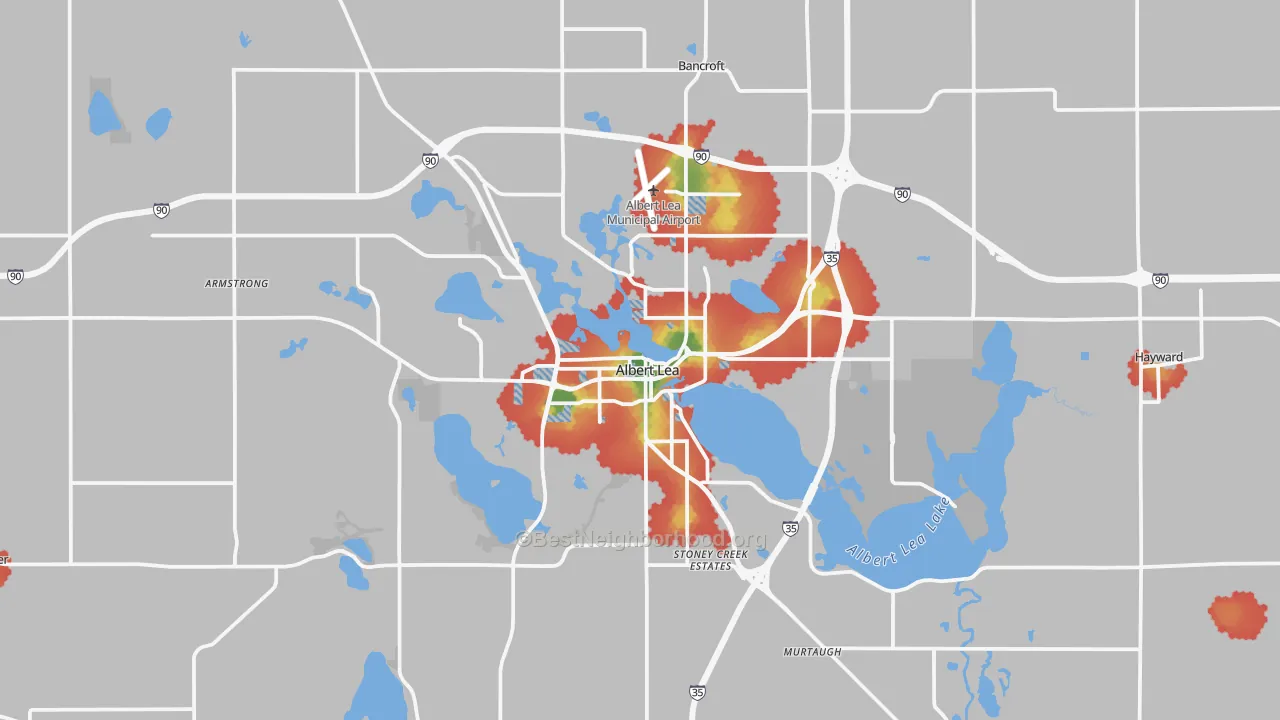 Walk Grade map of Albert Lea, MN, walkable areas in green and car-dependent areas in red