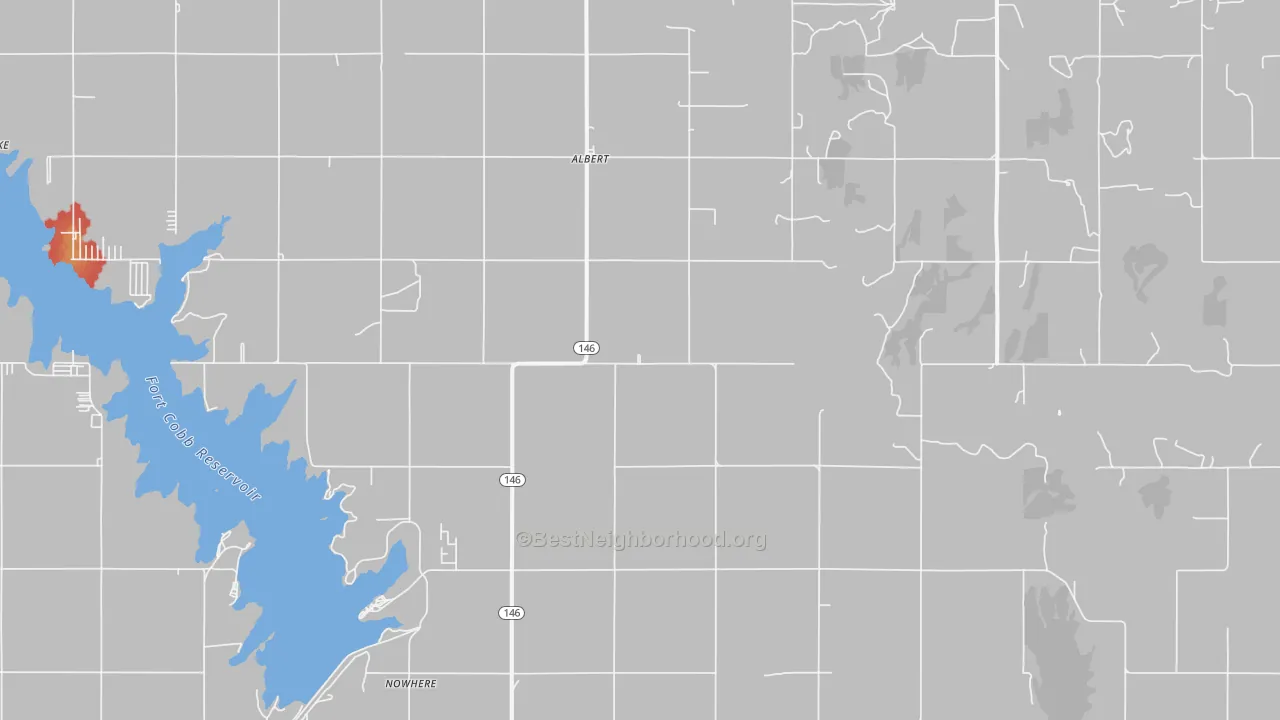 Walk Grade map of Albert, OK, walkable areas in green and car-dependent areas in red