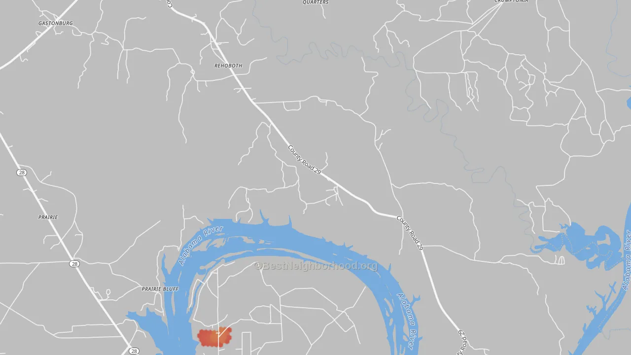 Walk Grade map of Alberta, AL, walkable areas in green and car-dependent areas in red