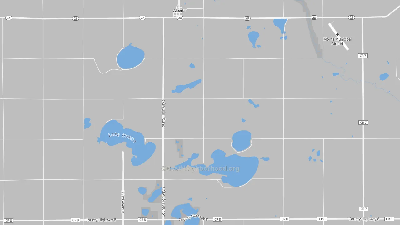 Walk Grade map of Alberta, MN, walkable areas in green and car-dependent areas in red