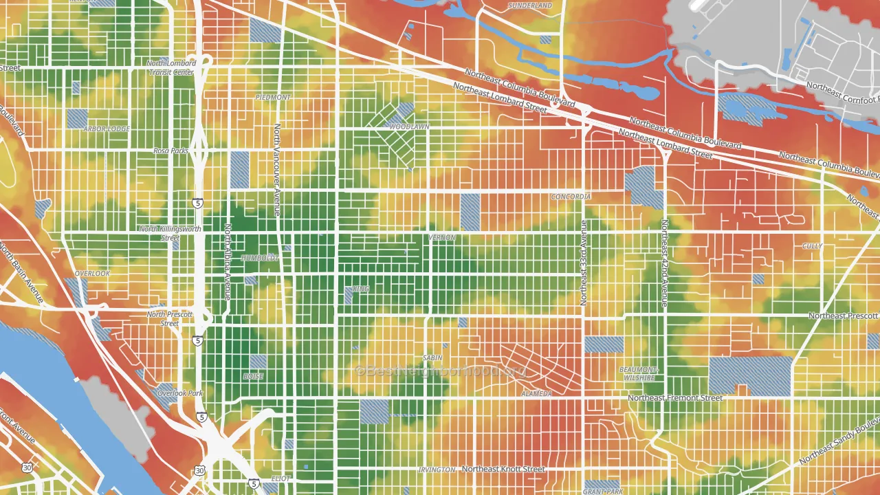 Walk Grade map of Alberta, Portland, OR, walkable areas in green and car-dependent areas in red