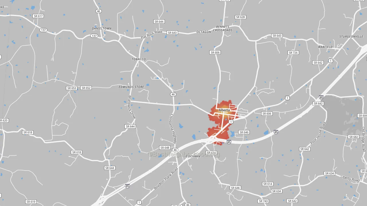 Walk Grade map of Alberta, VA, walkable areas in green and car-dependent areas in red