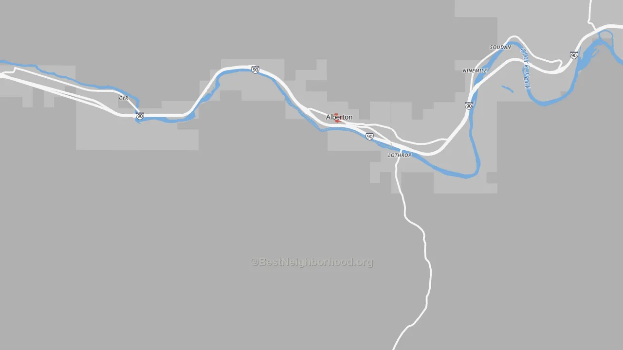 Walk Grade map of Alberton, MT, walkable areas in green and car-dependent areas in red