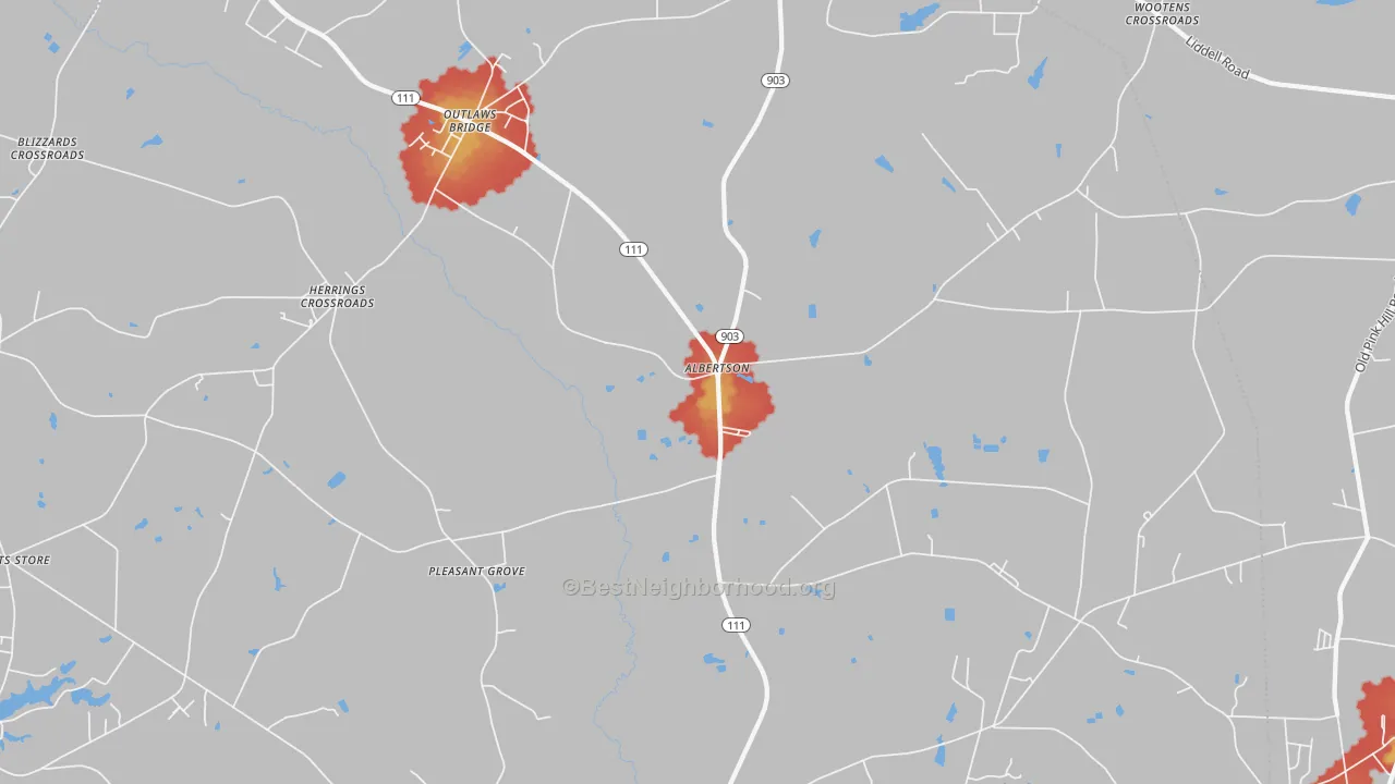 Walk Grade map of Albertson, NC, walkable areas in green and car-dependent areas in red