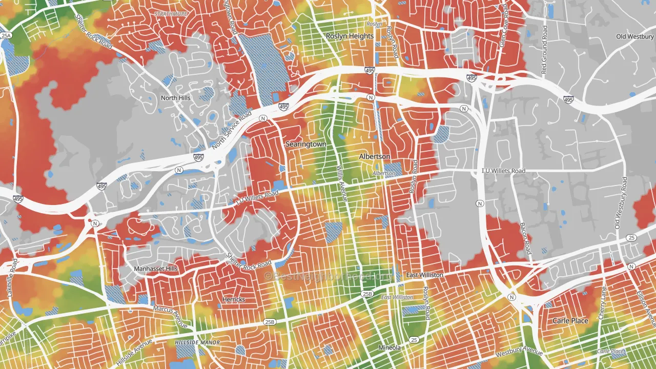 Walk Grade map of Albertson, NY, walkable areas in green and car-dependent areas in red