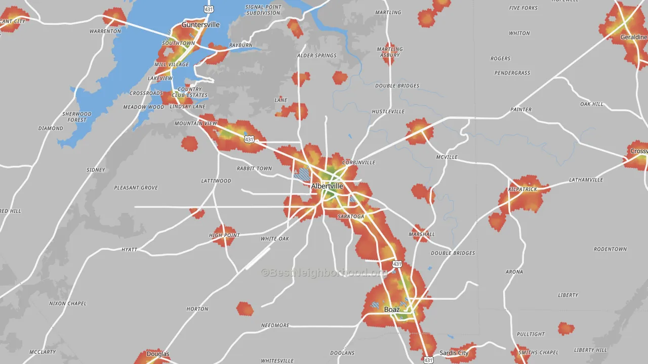 Walk Grade map of Albertville, AL, walkable areas in green and car-dependent areas in red