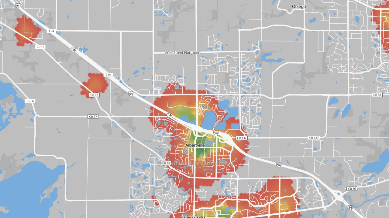 Walk Grade map of Albertville, MN, walkable areas in green and car-dependent areas in red