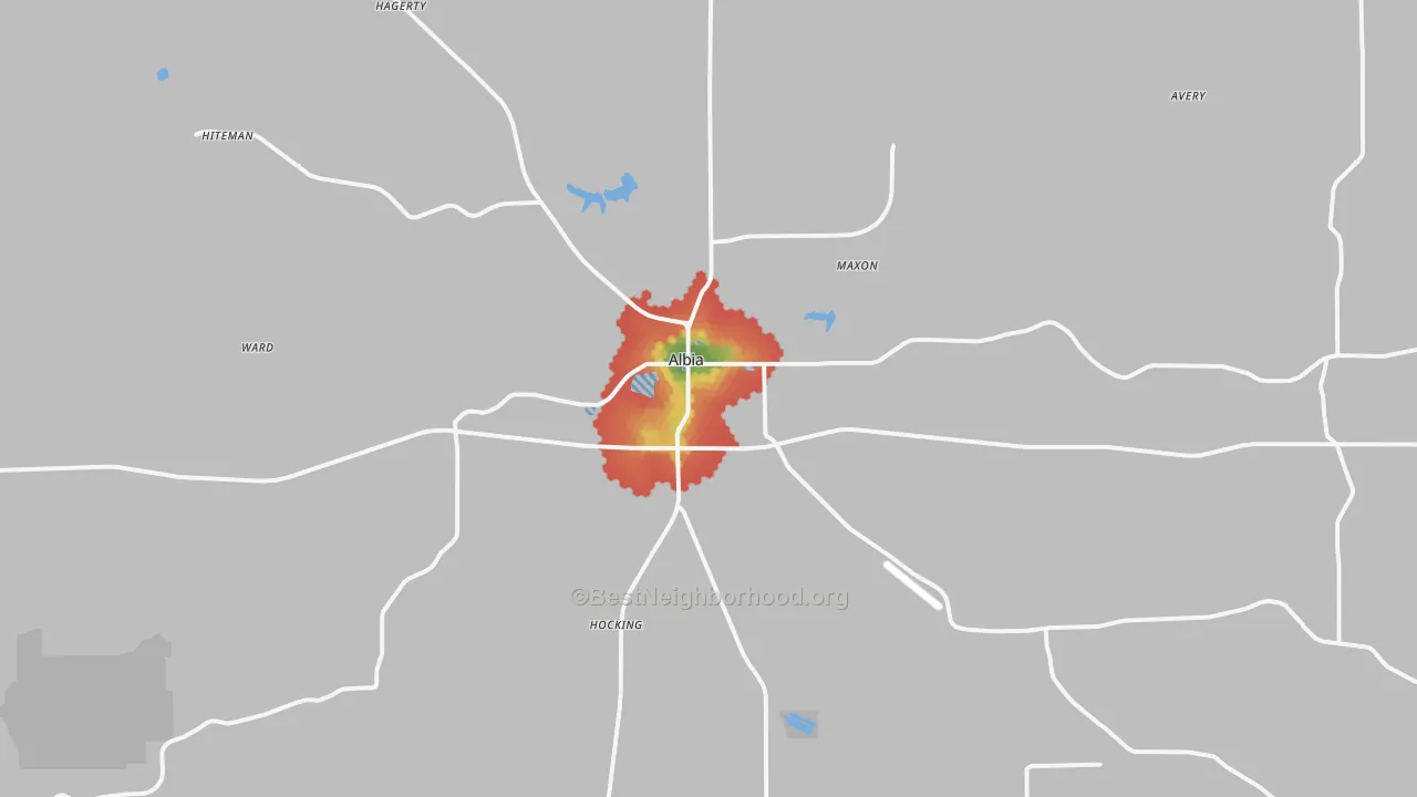 Walk Grade map of Albia, IA, walkable areas in green and car-dependent areas in red