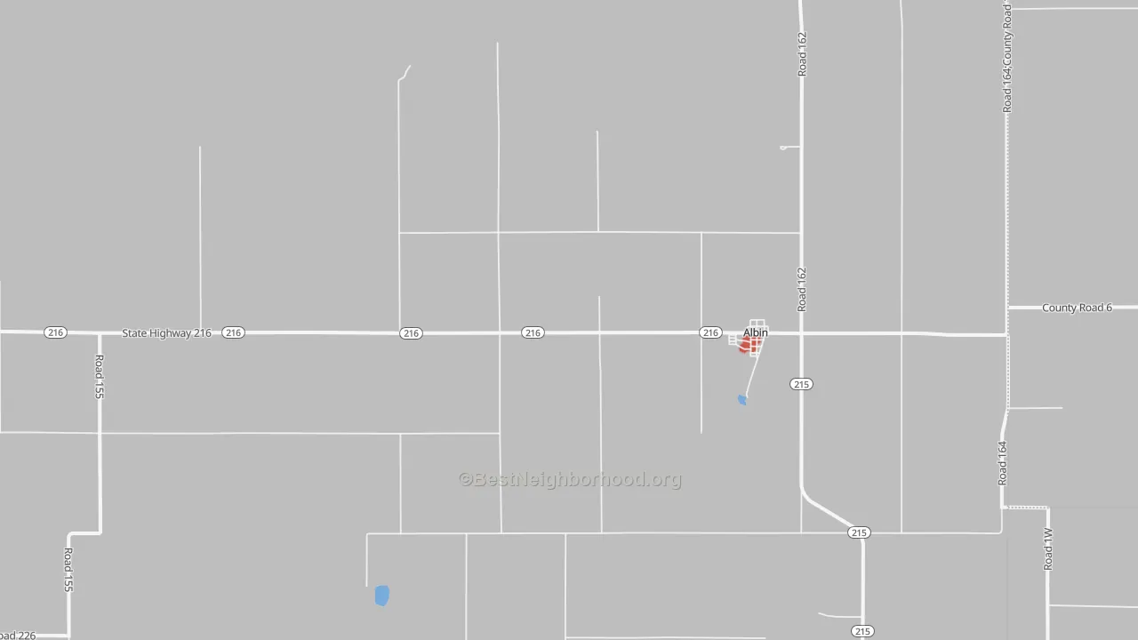 Walk Grade map of Albin, WY, walkable areas in green and car-dependent areas in red