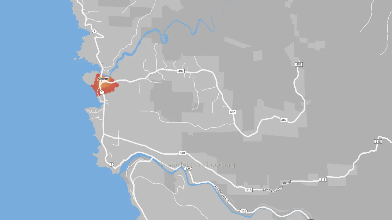 Walk Grade map of Albion, CA, walkable areas in green and car-dependent areas in red