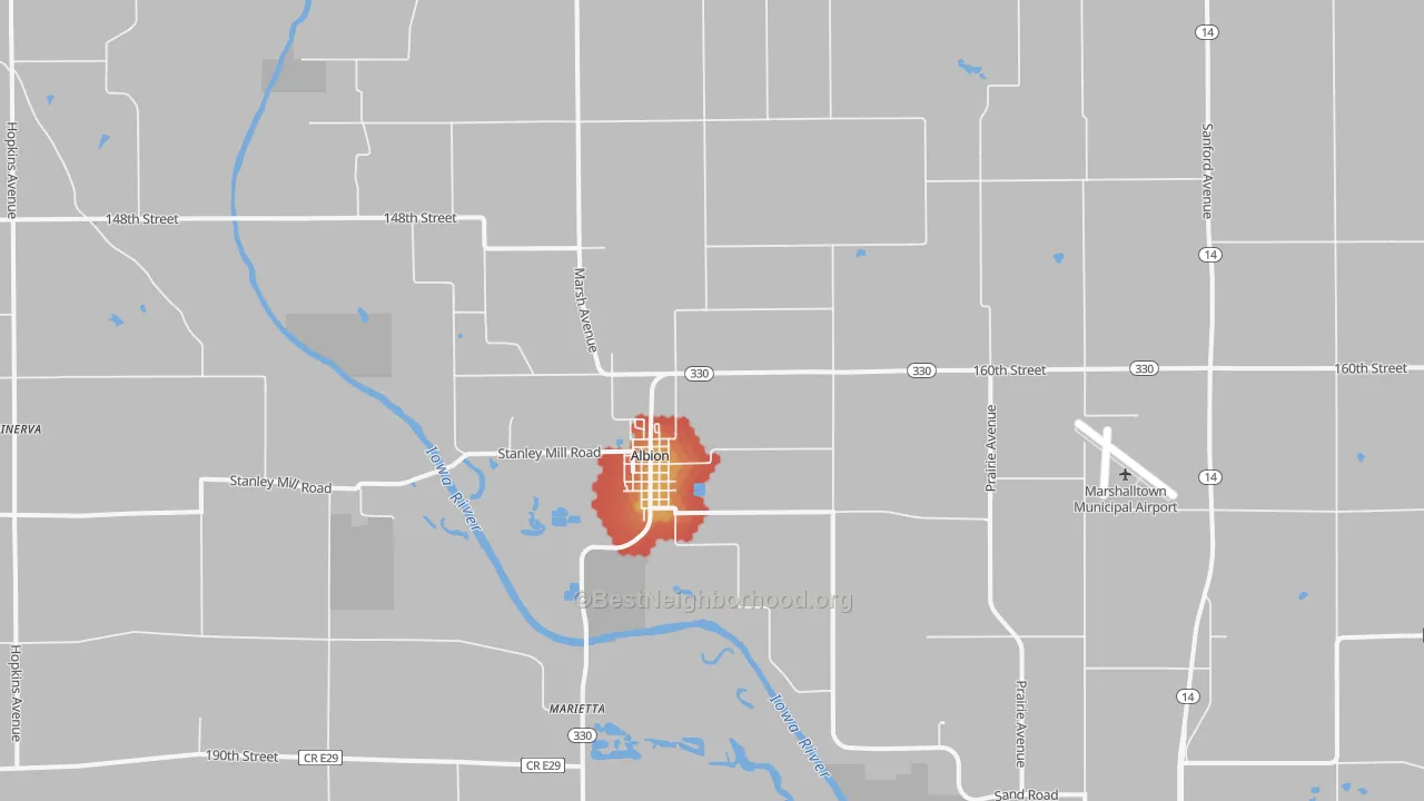 Walk Grade map of Albion, IA, walkable areas in green and car-dependent areas in red