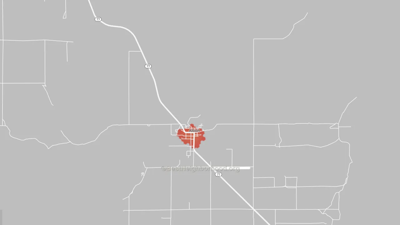 Walk Grade map of Albion, ID, walkable areas in green and car-dependent areas in red