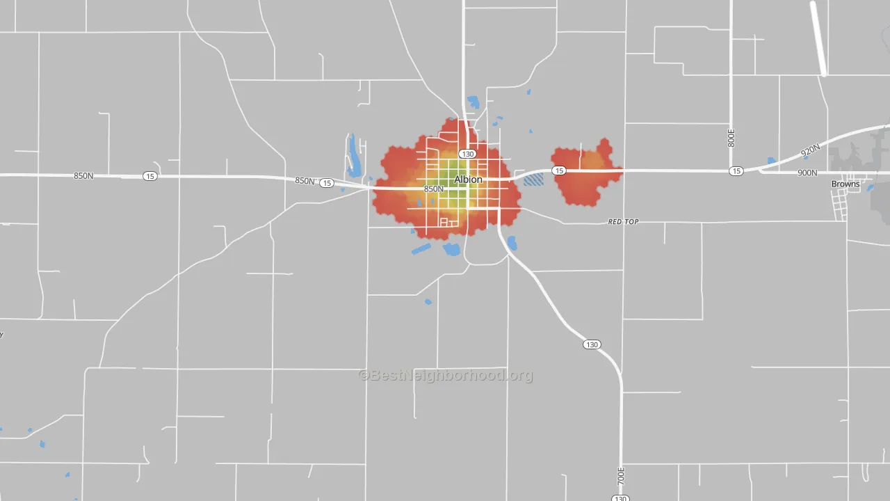 Walk Grade map of Albion, IL, walkable areas in green and car-dependent areas in red