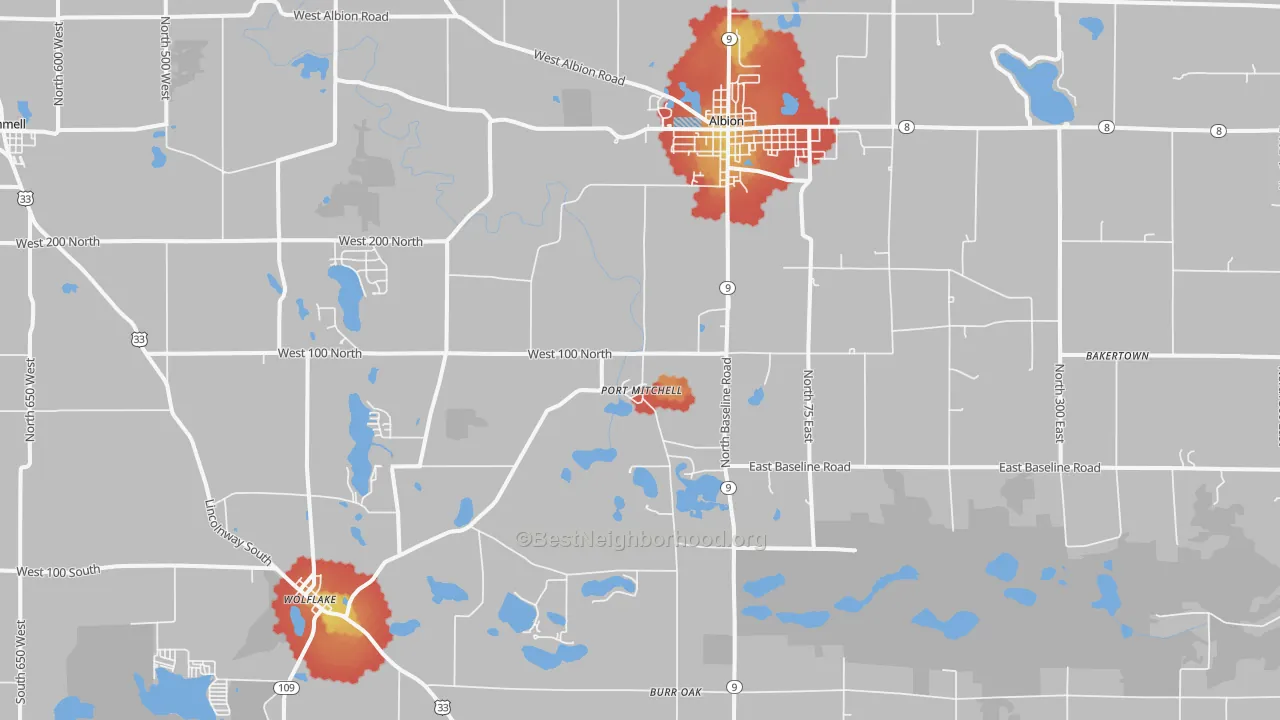 Walk Grade map of Albion, IN, walkable areas in green and car-dependent areas in red