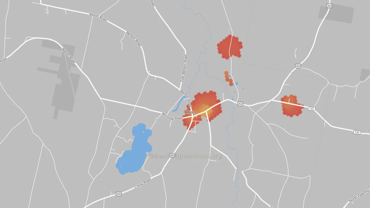 Walk Grade map of Albion, ME, walkable areas in green and car-dependent areas in red