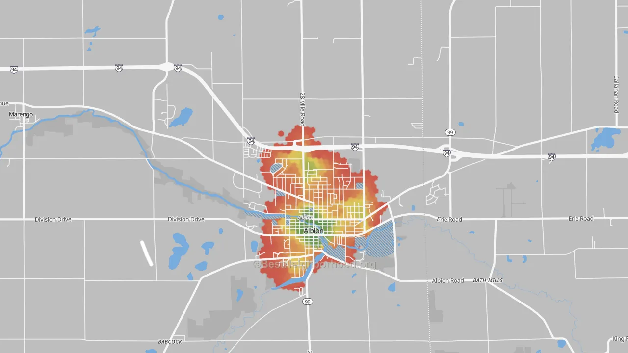 Walk Grade map of Albion, MI, walkable areas in green and car-dependent areas in red