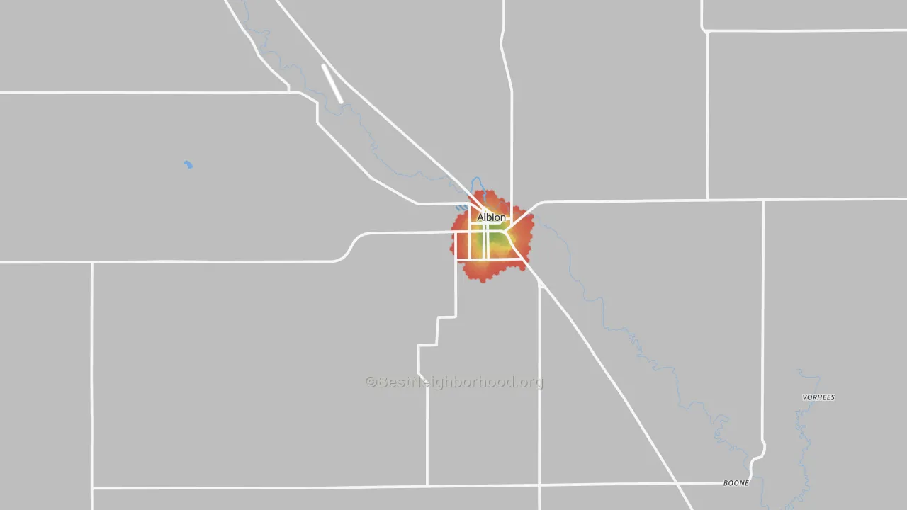 Walk Grade map of Albion, NE, walkable areas in green and car-dependent areas in red