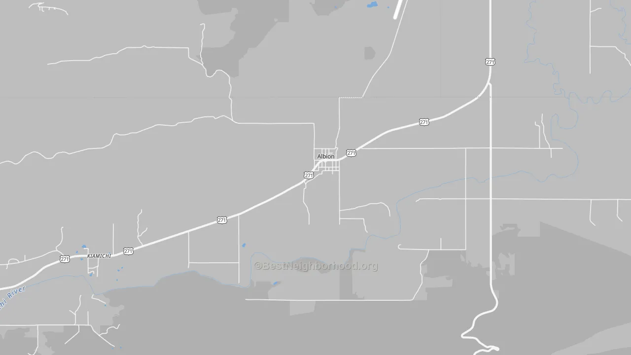 Walk Grade map of Albion, OK, walkable areas in green and car-dependent areas in red