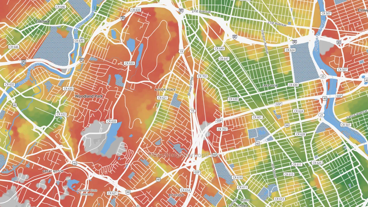 Walk Grade map of Albion Place, Clifton, NJ, walkable areas in green and car-dependent areas in red