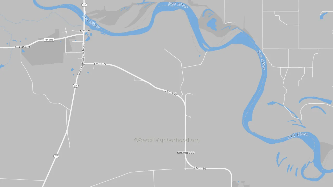 Walk Grade map of Albion, TX, walkable areas in green and car-dependent areas in red