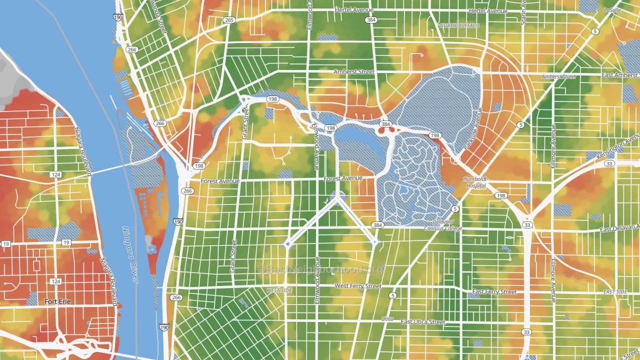 Walk Grade map of Albright, Buffalo, NY, walkable areas in green and car-dependent areas in red