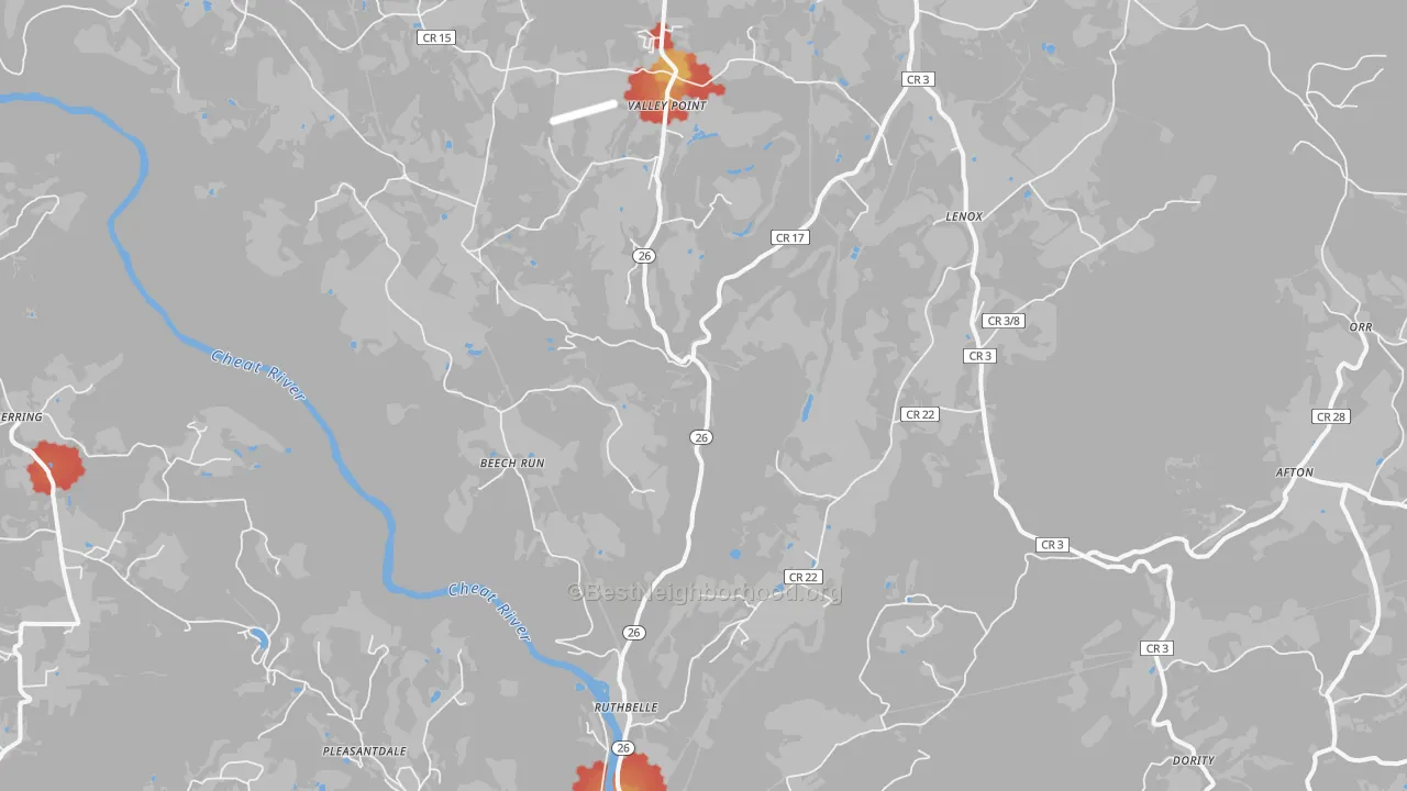 Walk Grade map of Albright, WV, walkable areas in green and car-dependent areas in red