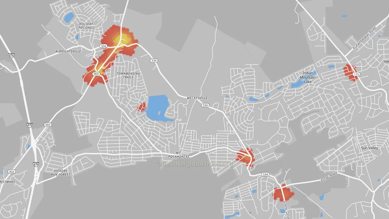 Walk Grade map of Albrightsville, PA, walkable areas in green and car-dependent areas in red
