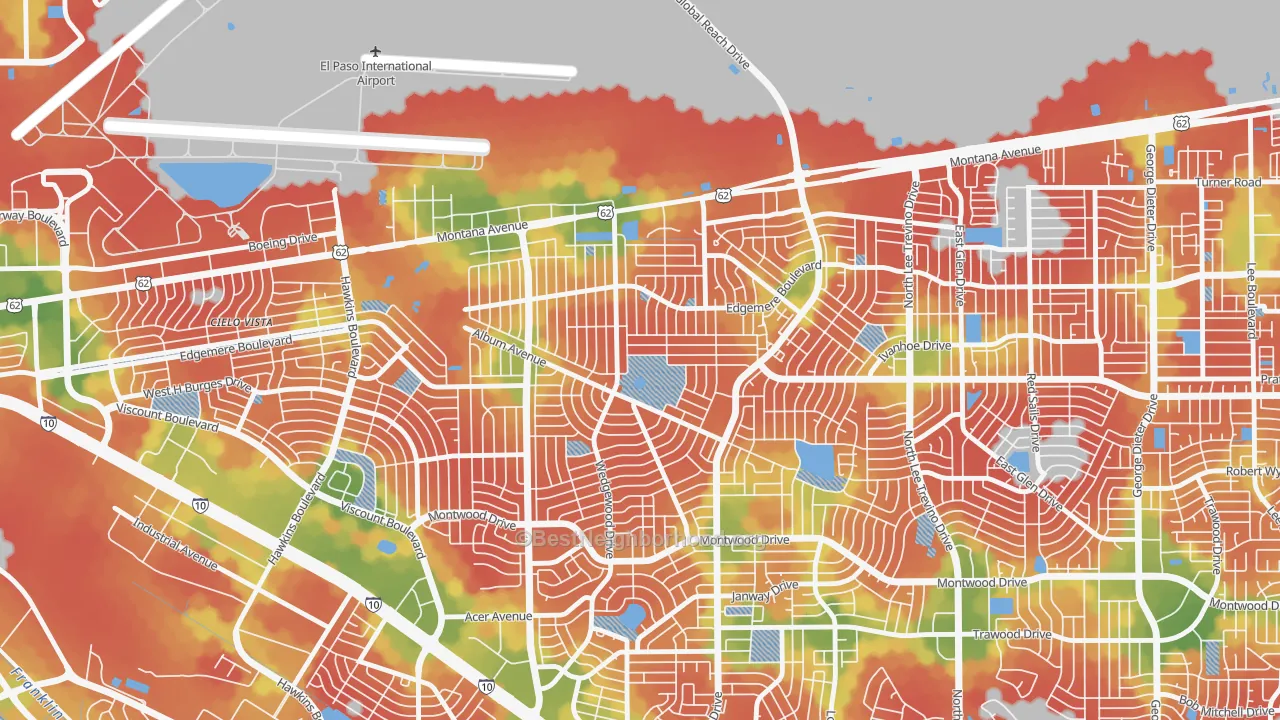Walk Grade map of Album Park, El Paso, TX, walkable areas in green and car-dependent areas in red