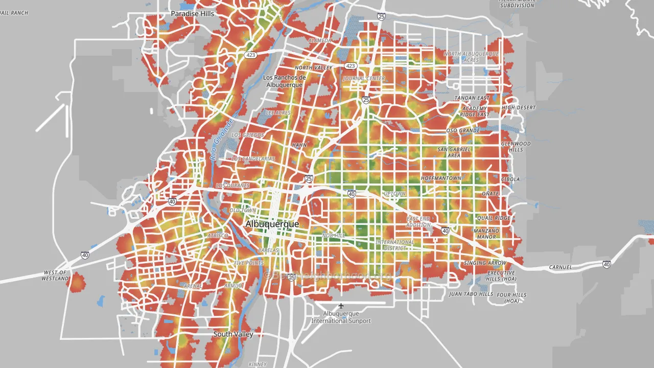Walk Grade map of Albuquerque, NM, walkable areas in green and car-dependent areas in red