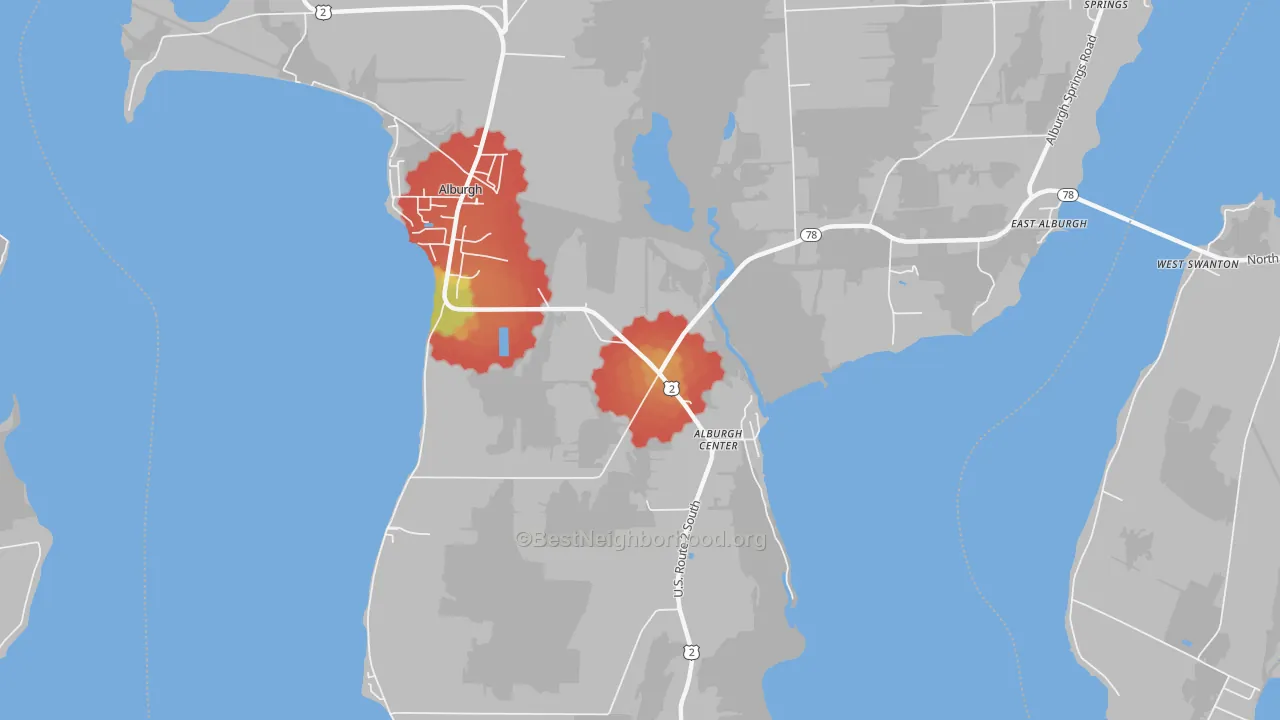 Walk Grade map of Alburg Center, VT, walkable areas in green and car-dependent areas in red