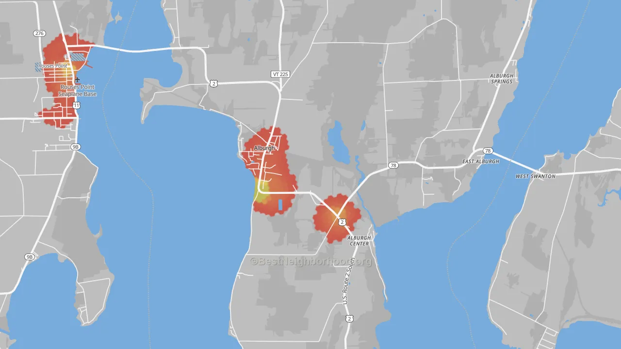 Walk Grade map of Alburg, VT, walkable areas in green and car-dependent areas in red