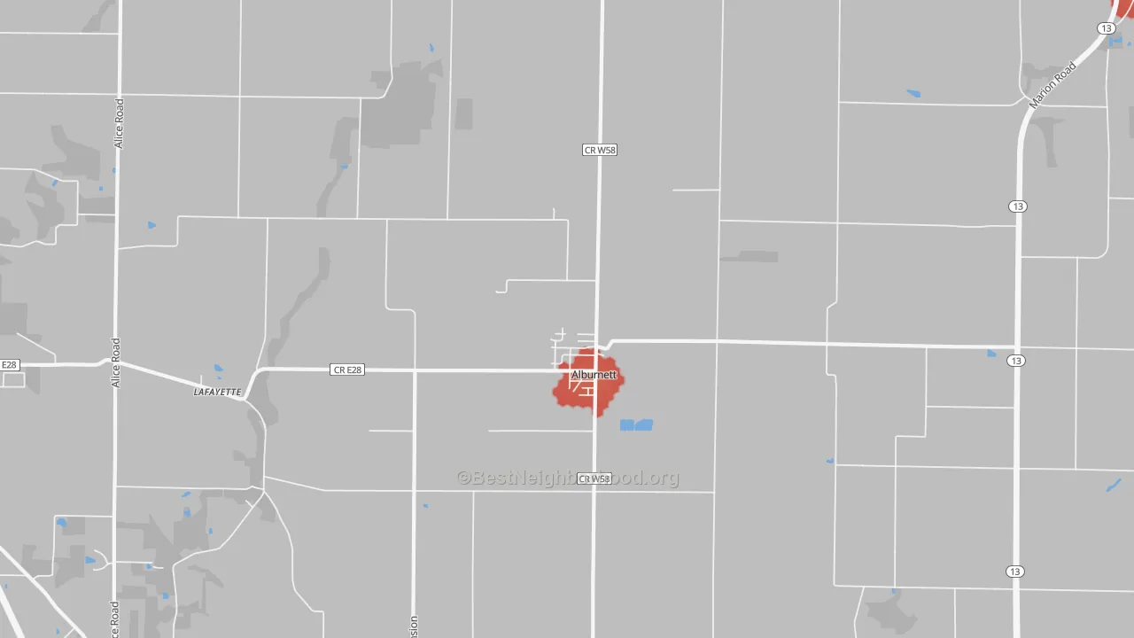 Walk Grade map of Alburnett, IA, walkable areas in green and car-dependent areas in red