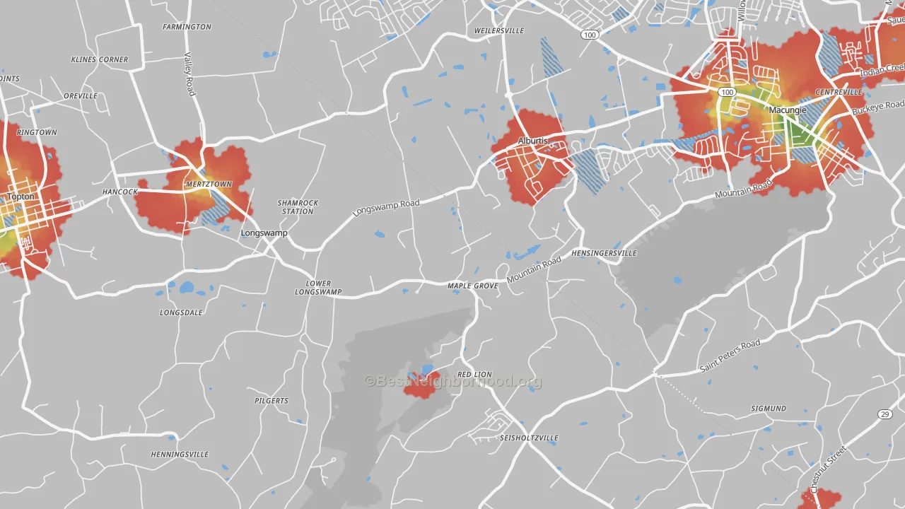 Walk Grade map of Alburtis, PA, walkable areas in green and car-dependent areas in red